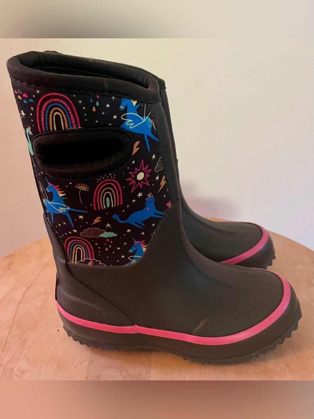 Lone Cone Kids Black Waterproof Rain Boots with Pink Trim and Unicorn Print